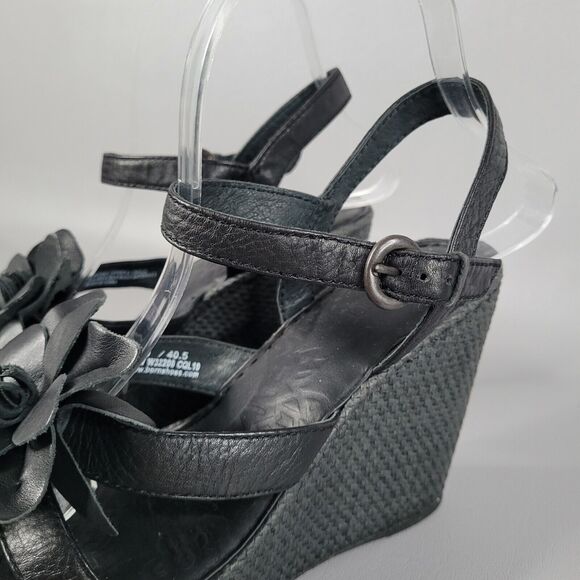 Born Womens Black Leather Flower Wedge Platform Leather Strappy Sandals Size 9 - Picture 8 of 12